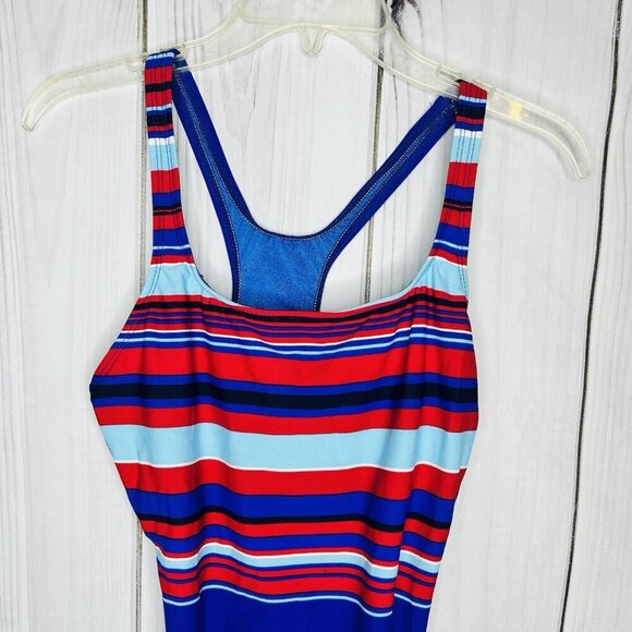 Maxine of Hollywood Swimsuit 16 Striped One-Piece Blue Red White Racerback - Picture 2 of 6